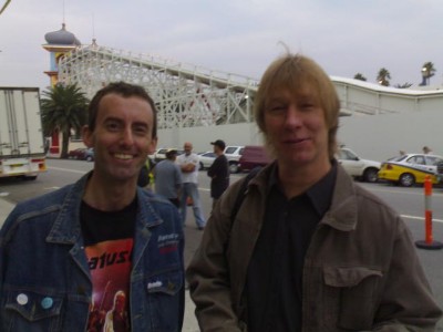 Rhino & Dr Lee outside The Palais with Luna Park's Scenic Railway in the background